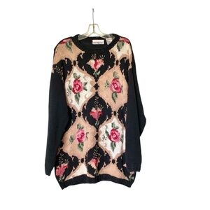 🌵Vintage White Stag 90’s Chunky Knitted Rose Floral Sweater Size Large🌵